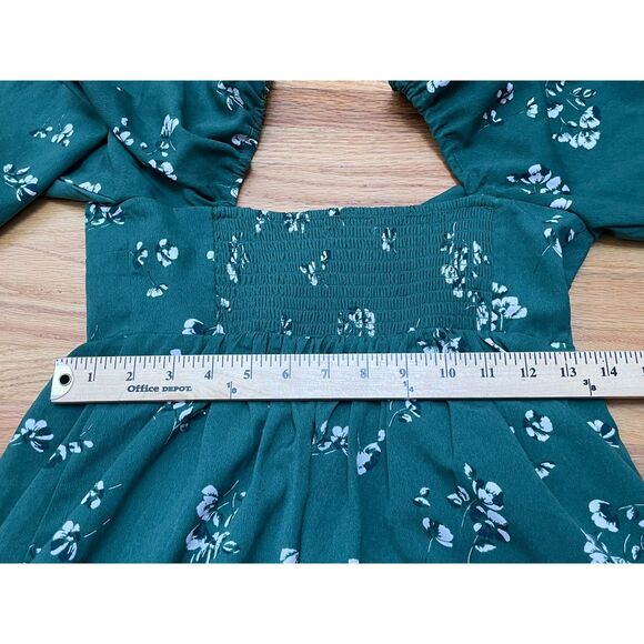Abercrombie & Fitch Women's Dress Mini Boho Peasant Smock Ruched S Green Floral - Picture 8 of 9